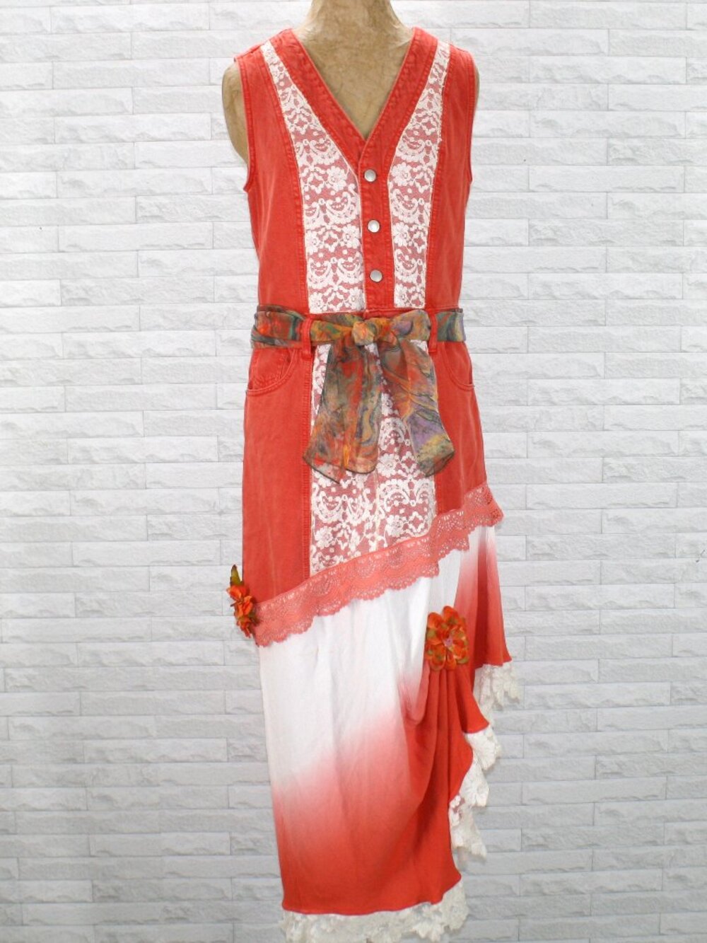 HAND CRAFTED Dress Denim Jean Upcycled Retro Lace Ombre Tie Dye Fall Orange 8